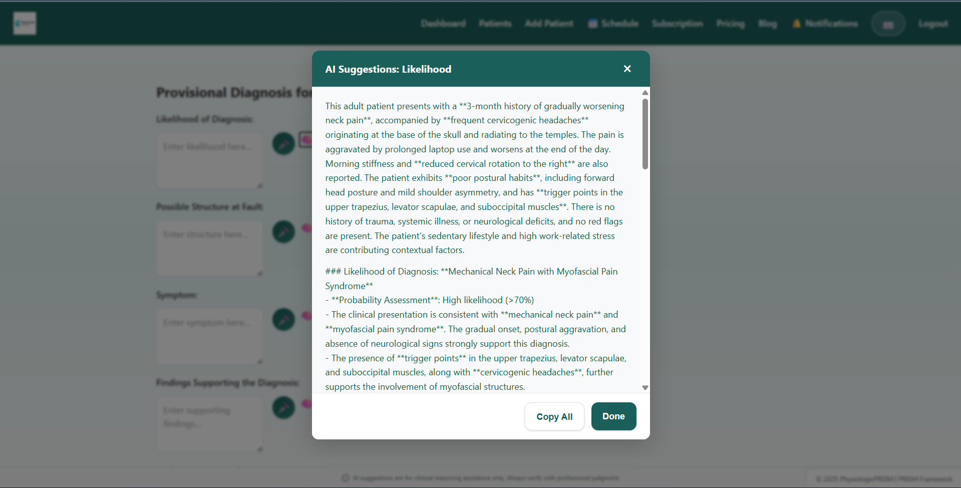 AI-generated provisional diagnosis with likelihood assessment